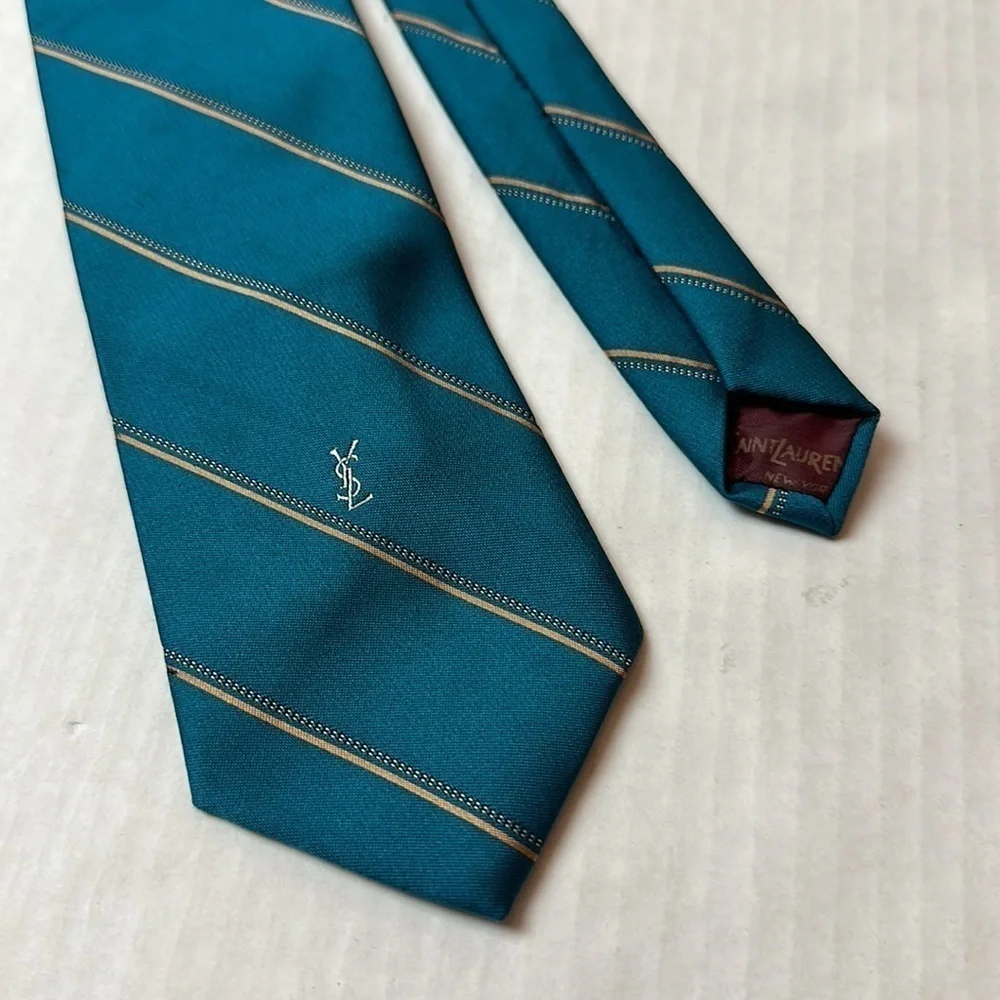 Vintage 1970s YSL Yves Saint Laurent Silk Tie Teal Gold Stripe Paris New York